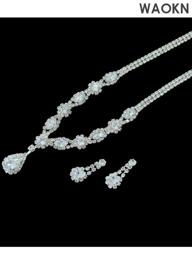 WAOKN 2 Piece Jewelry Set of Necklace and Earrings Shiny teardrop shape Diamond Chic Rhinestone Decor Jewellery Set , suitable for Women , Ladies , Gift for Girlfriend Wife Mother Bridesmaids Wedding Party Accessories , unisex , silvery. - Image 2